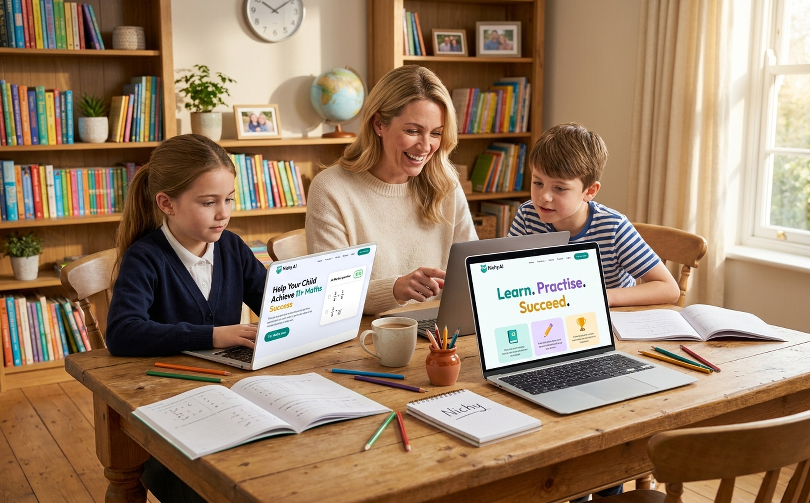 A mother teaching her son and daughter at a study table with two laptops showing Nichy.ai